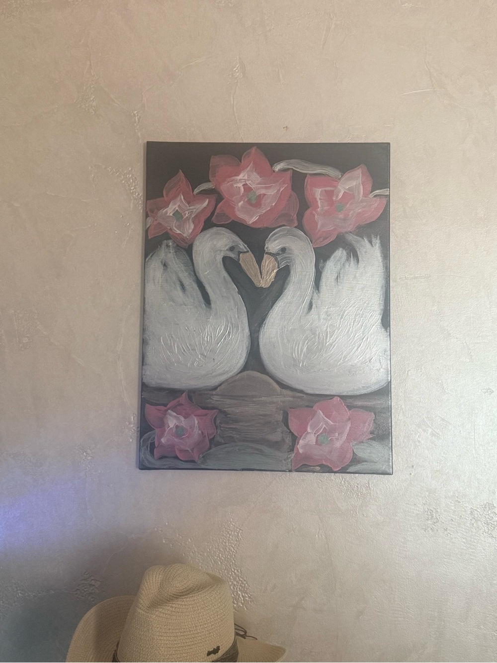 White Swan Wall Art with Pink Flowers - Elegant Home Decor